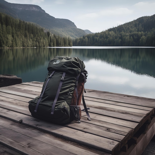 A person with a backpack sits on a dock by a lake.