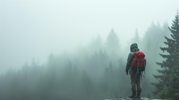 Person with backpack standing in misty forest