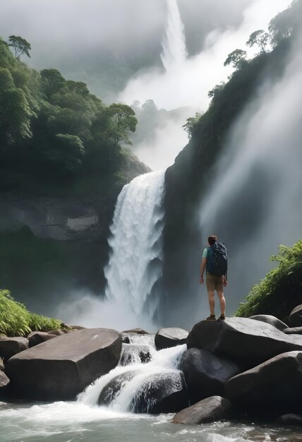 person with a backpack standing on rocks in front of a large waterfall