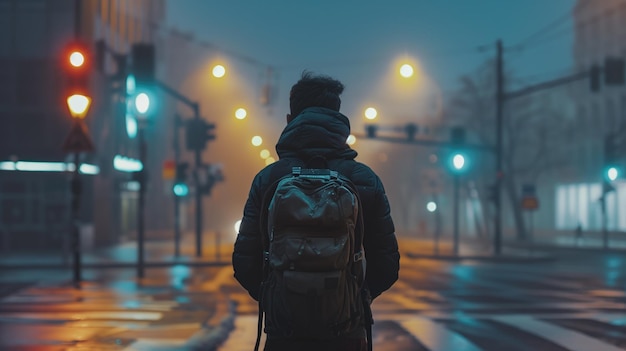 A person with a backpack stands at foggy city intersection traffic lights glowing in the haze