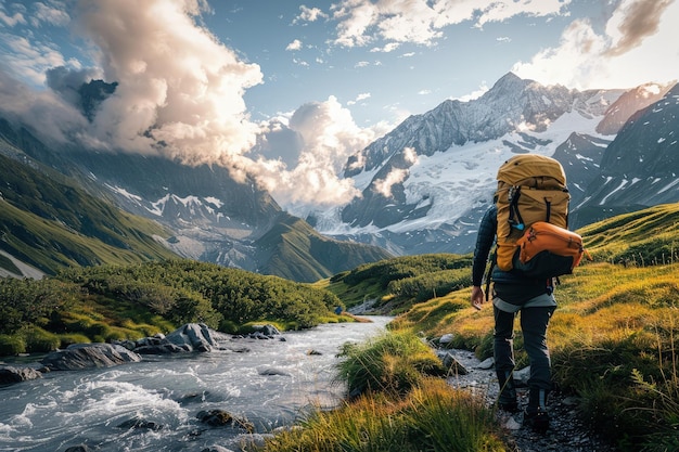 A person with a backpack walking along a stream