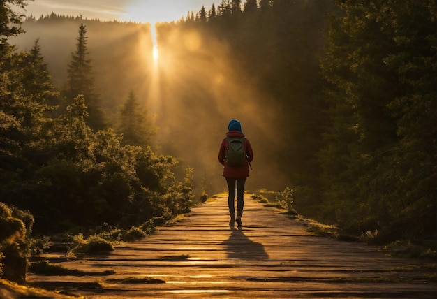 a person with a backpack walks down a wooden path in the woods