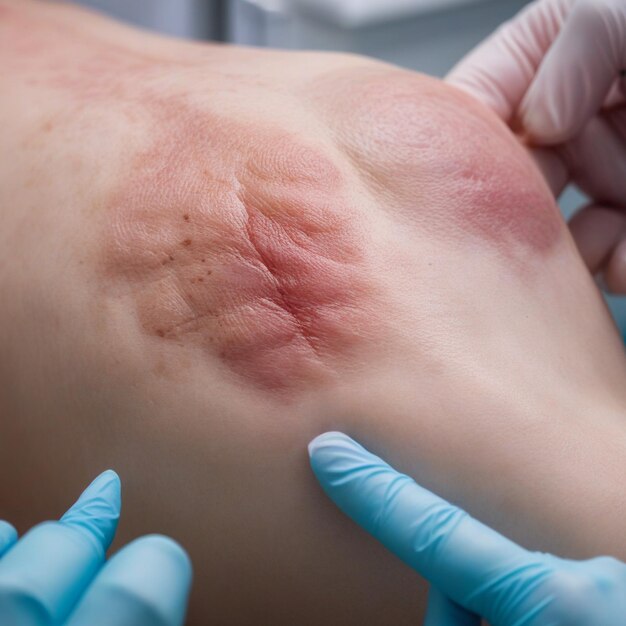 Photo a person with a bandage on their back and a hand with a glove on it