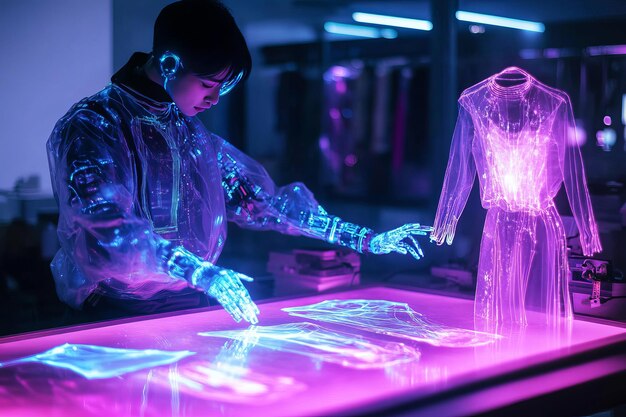 Photo a person with bionic arms designing a futuristic interactive fashion line in a neonlit studio