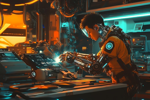 Person with bionic arms working as a mechanic in a cyberpunk garage The glowing arms repair hightech machinery surrounded by neon lights and welding sounds