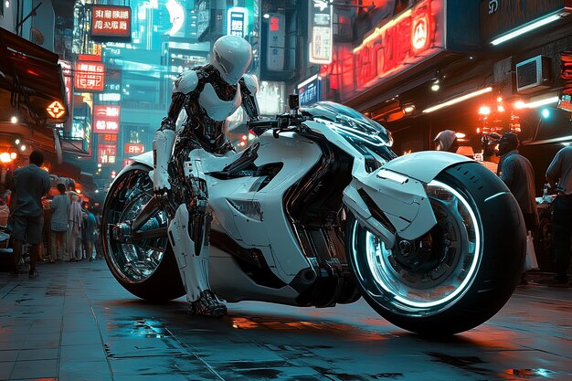 Photo a person with bionic legs stands beside a sleek glowing motorcycle in a bustling market full of vendors and holographic signs the bike features a silent engine and advanced tech for agility