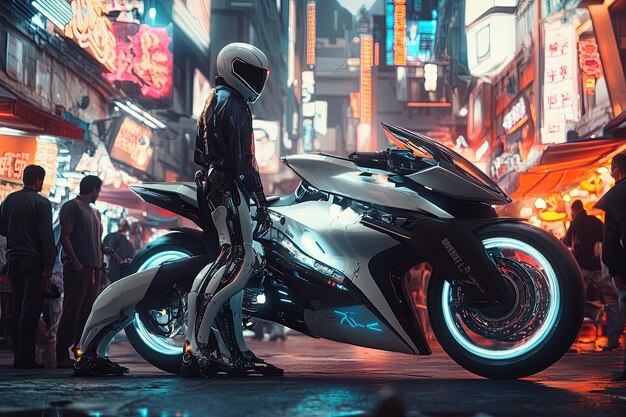 Photo a person with bionic legs stands beside a sleek glowing motorcycle in a bustling market full of vendors and holographic signs the bike features a silent engine and advanced tech for agility