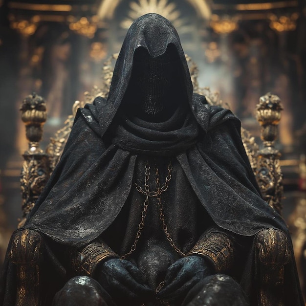 a person with a black cape sits in front of a statue of a man with a black cloak