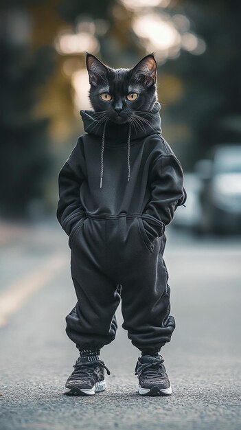 Photo a person with a black hoodie and a black cat on the street