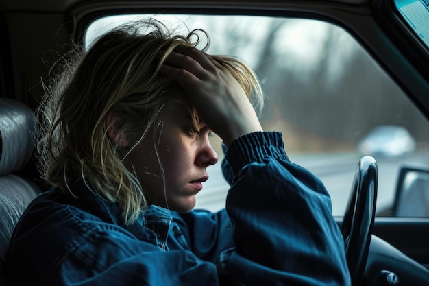 Photo a person with blonde hair visibly distressed in the driver39s seat hand on forehead suggests frustration