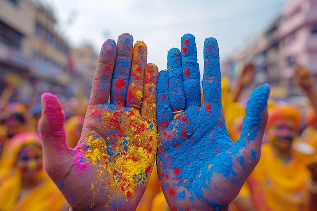 Photo a person with blue paint on their hands and their hands covered in colored powder