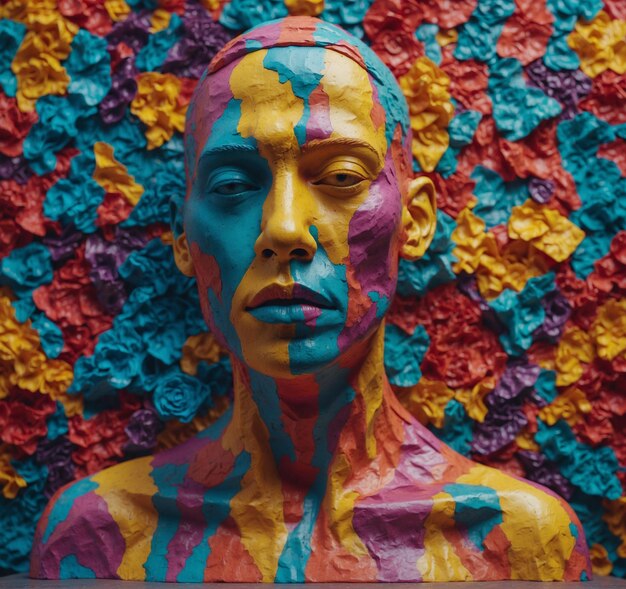 a person with a blue and red face is covered in colorful multicolored paint