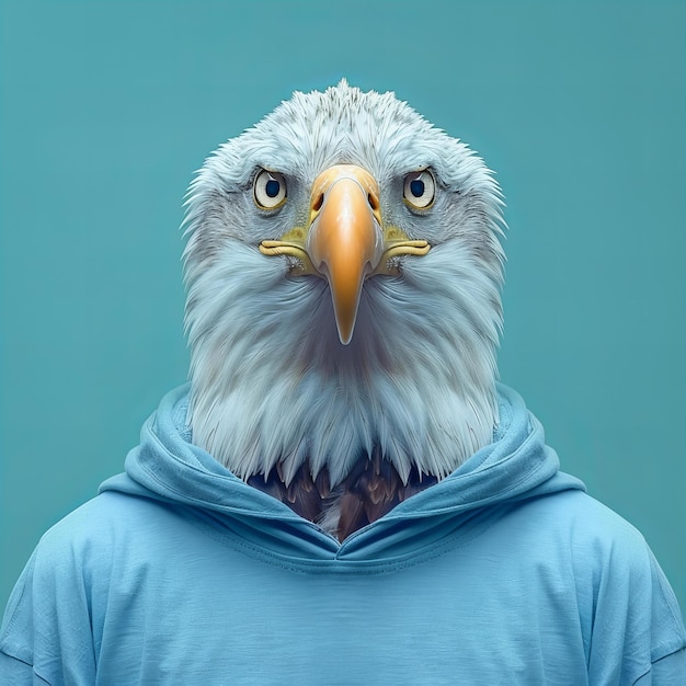 a person with a blue shirt and a bird on their head