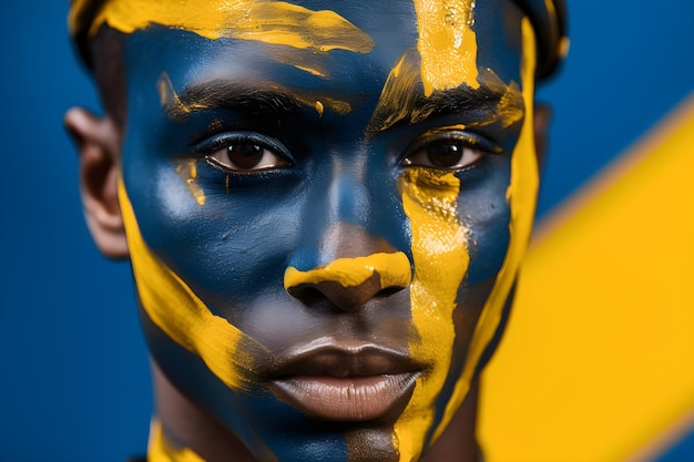 A person with a blue and yellow face paint that says sweden on it.