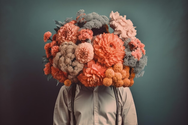 A person with a bunch of flowers on their head generative AI