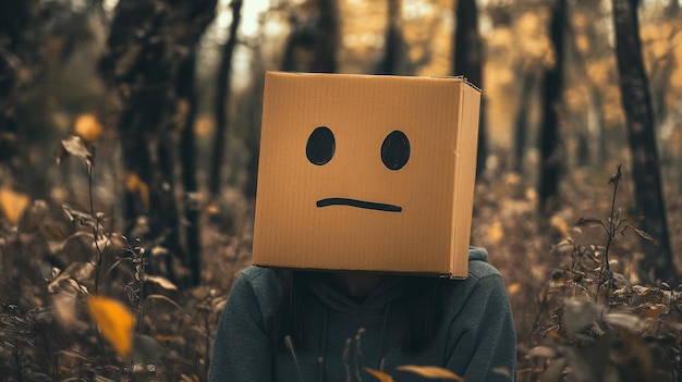 Photo a person with a cardboard box over their head with a sad face drawn on it sits in a forest