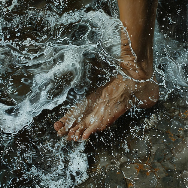 a person with a chain around their foot is in the water