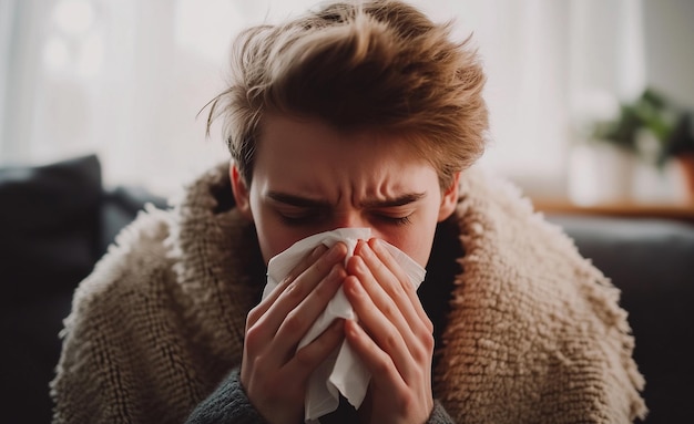 Photo a person with a cold blowing their nose with a tissue