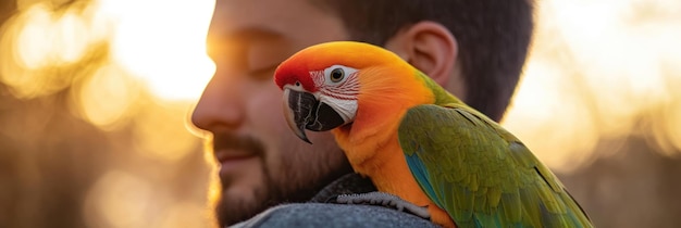 Photo a person with a colorful parrot perched on their shoulder during sunset