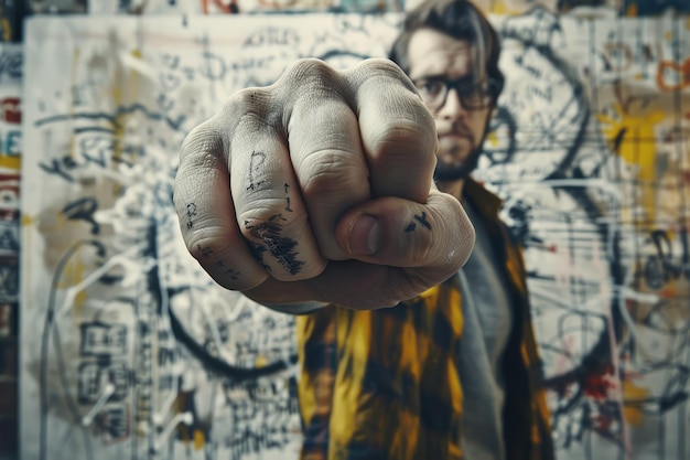 Photo a person with colorful tattoo designs on their fingers pointing at the camera