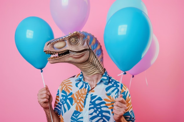 Photo a person with a dinosaur mask head holding party balloons surreal party background