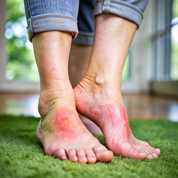 a person with a dirty foot and a red spot on the ground