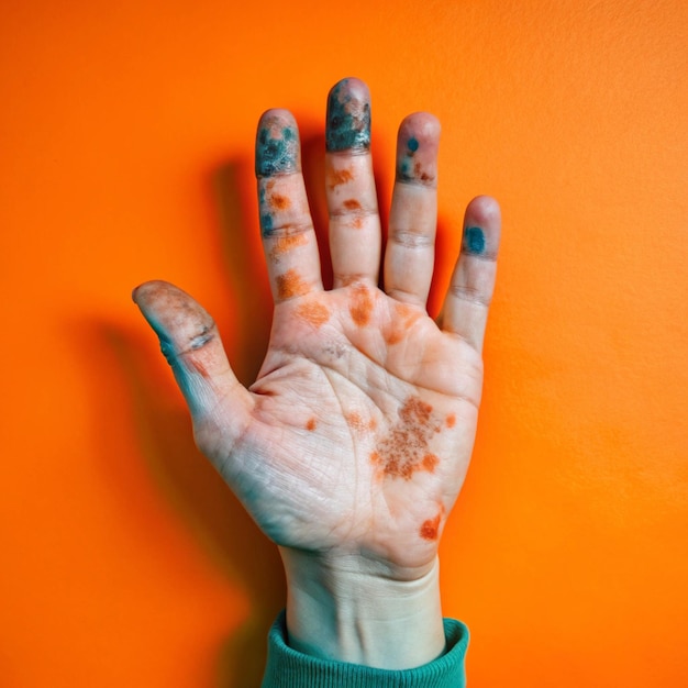 a person with dirty hands and orange paint on their fingers