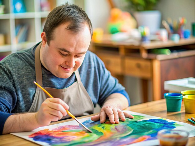 A person with Down syndrome participating in an art therapy session