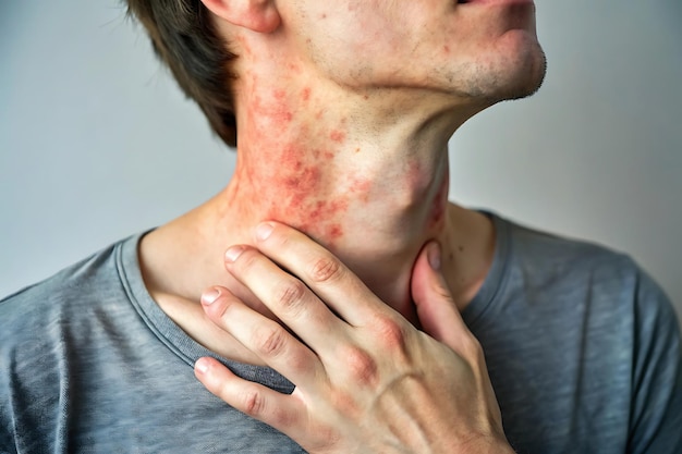 Person with eczema scratching neck showing dermatitis symptoms clearly