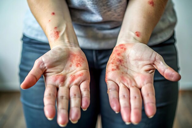 Photo person with eczema on wrists showing red irritated patches