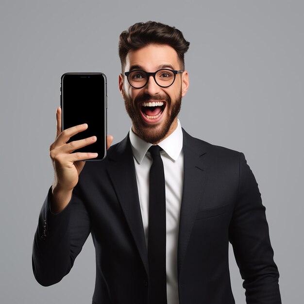 Person with excited expression pointing to phone mockup