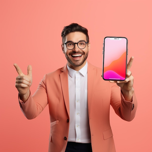 Person with excited expression pointing to phone mockup