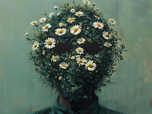 a person with a face covered in daisies and the word daisies