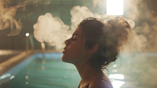 Photo a person with fibromyalgia takes a deep breath as they enter a sauna at the gym with each inhale