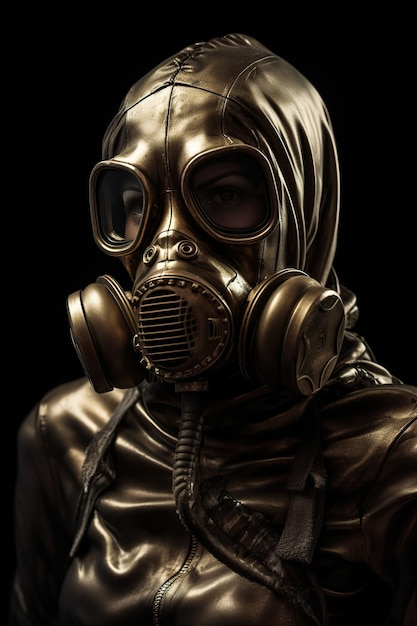 Person with gas mask in dark gold style A close up of man in gas mask Toxic attack