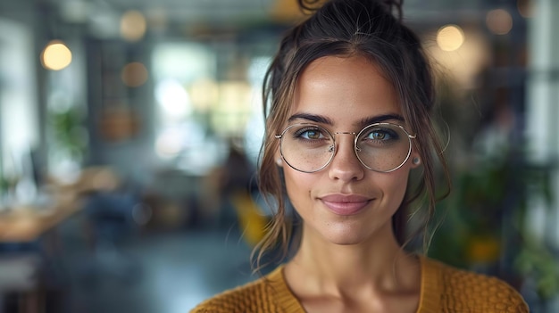 A person with glasses is smiling and looking at the camera