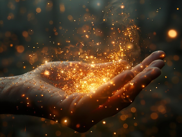 a person with a glowing hand holding a glowing golden sparkler