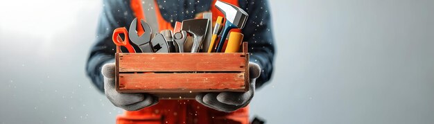 Photo person with hovering toolbox and tools concept as a person holding a hovering toolbox with tools flo