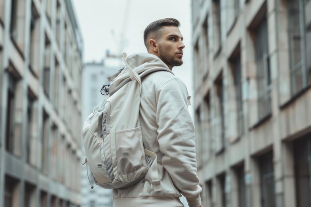 Person with large backpack looking into distance in urban setting