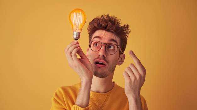 Photo a person with a light bulb and a puzzled expression