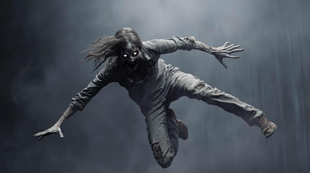 Photo a person with long hair and a mask is jumping in the air