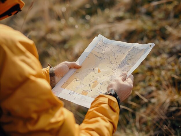 Photo person with map and yellow jacket