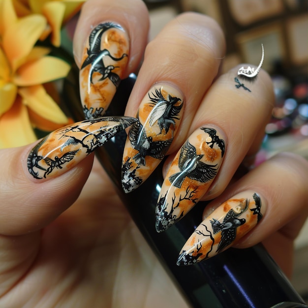 Photo a person with nails painted with orange and black