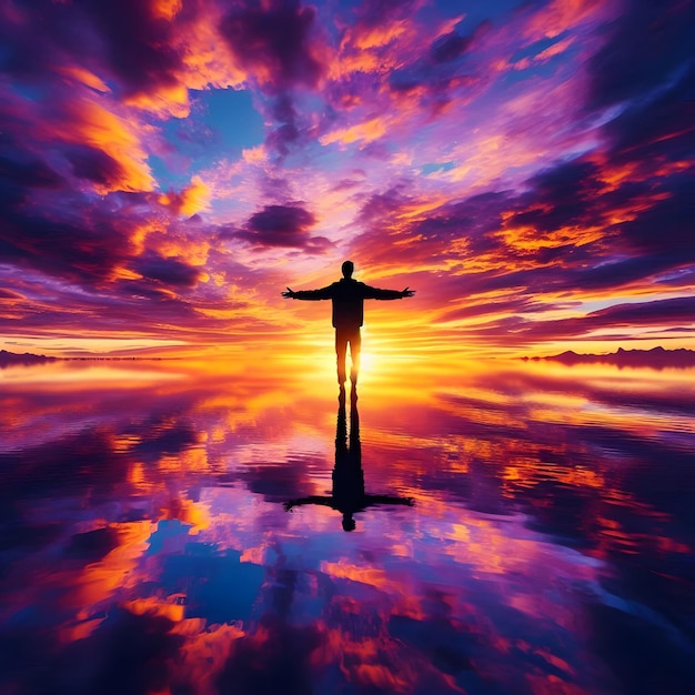 Photo a person with outstretched arms standing on the water during sunset