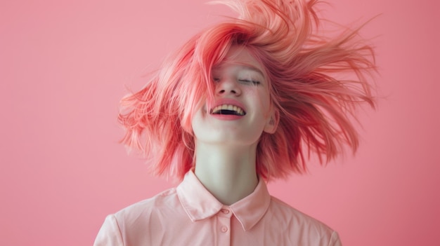 A person with pink hair and vibrant makeup is captured midmotion with a look of blissful enjoyment against a pink background