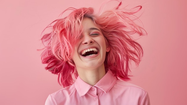 A person with pink hair and vibrant makeup is captured midmotion with a look of blissful enjoyment against a pink background