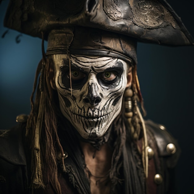 a person with a pirate hat and a hat with a skull on it