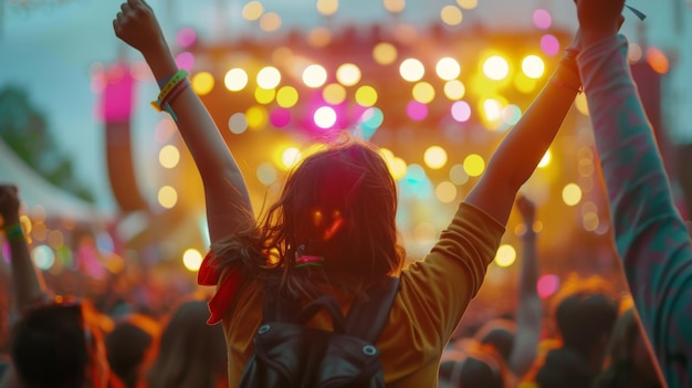 A person with raised hands is enjoying a live music concert surrounded by a crowd and vibrant stage lighting capturing the energetic atmosphere of the event