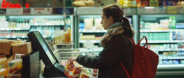 Photo a person with a red backpack is engrossed in selecting products at a wellstocked grocery store showcasing urban routine