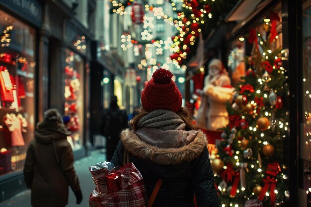 Photo person with a red santa hat standing next to a beautifully decorated christmas tree on a snowy city street with glowing lights and festive decorations all around